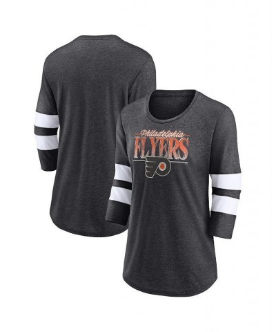 Women's Philadelphia Flyers Full Shield 3/4-Sleeve Tri-Blend Raglan Scoop Neck T-shirt Heathered Charcoal, White $30.77 Tops