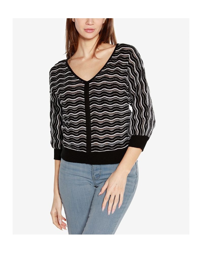 Black Label Women's Wavy Stripe V-Neck Sweater Black Combo $37.80 Sweaters