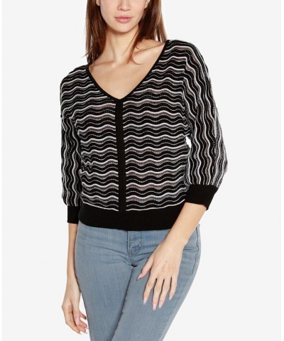 Black Label Women's Wavy Stripe V-Neck Sweater Black Combo $37.80 Sweaters