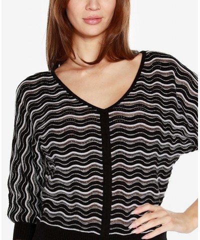 Black Label Women's Wavy Stripe V-Neck Sweater Black Combo $37.80 Sweaters