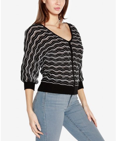 Black Label Women's Wavy Stripe V-Neck Sweater Black Combo $37.80 Sweaters