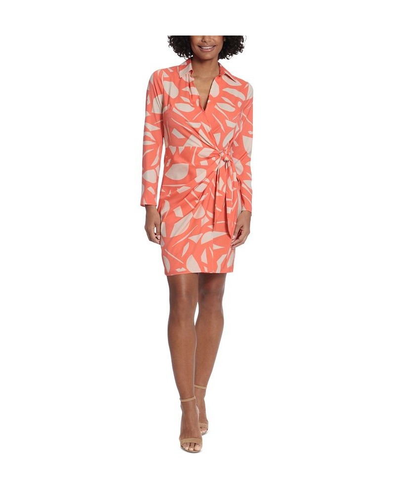 Petite Printed Point-Collar Faux-Wrap Dress Orange $46.87 Dresses