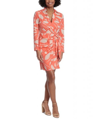 Petite Printed Point-Collar Faux-Wrap Dress Orange $46.87 Dresses