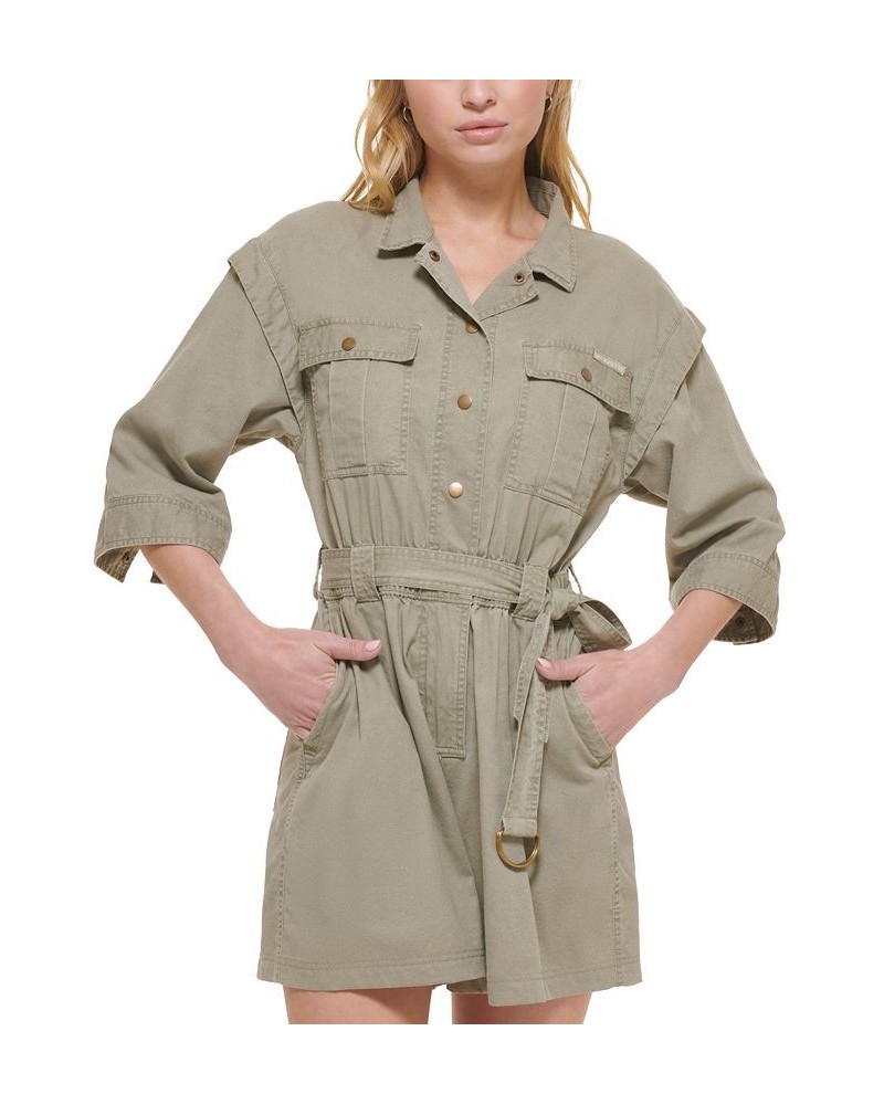 Women's Elbow-Sleeve Cargo Romper Spring Olive $42.83 Shorts