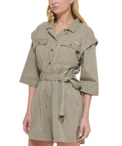 Women's Elbow-Sleeve Cargo Romper Spring Olive $42.83 Shorts