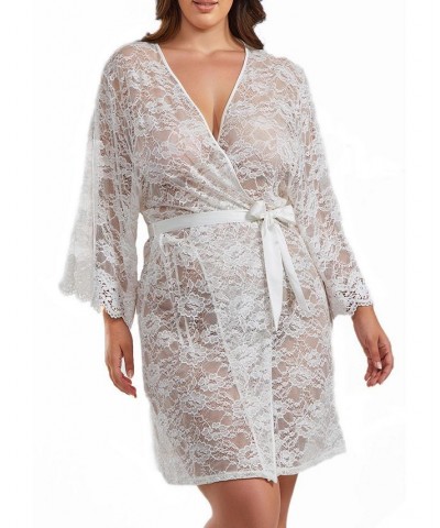 Jasmine Plus Size Soft Sheer Lace Robe with Self Tie Satin Sash White $37.45 Sleepwear