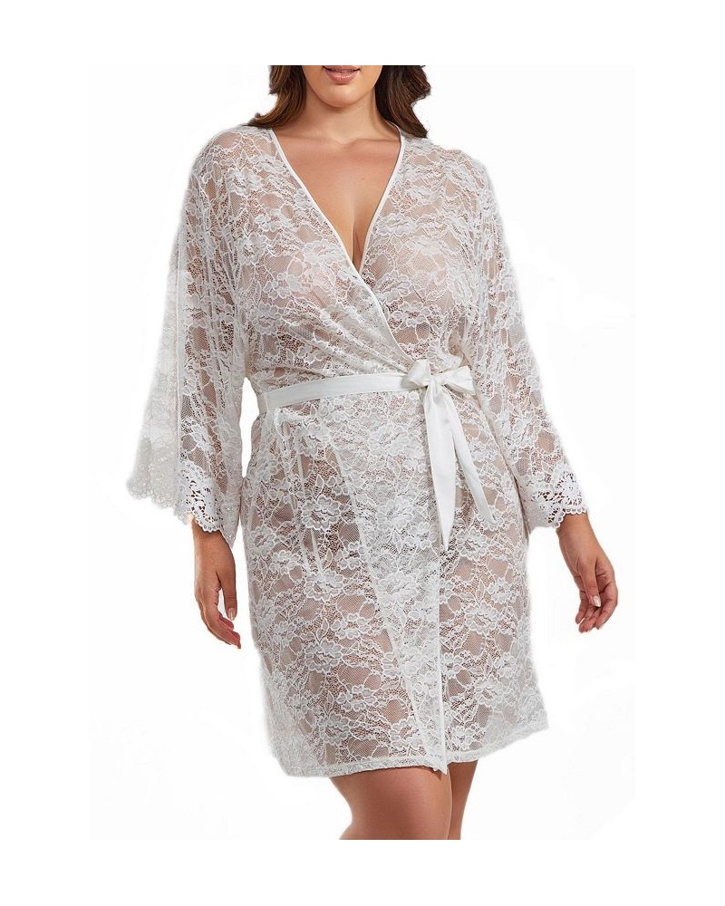 Jasmine Plus Size Soft Sheer Lace Robe with Self Tie Satin Sash White $37.45 Sleepwear