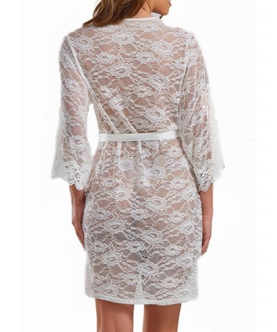 Jasmine Plus Size Soft Sheer Lace Robe with Self Tie Satin Sash White $37.45 Sleepwear