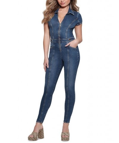 Women's Gemma Short-Sleeve Stretch-Denim Jumpsuit Blue Spirit $58.74 Pants