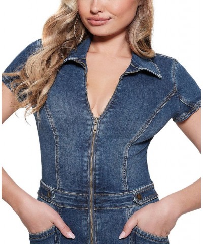 Women's Gemma Short-Sleeve Stretch-Denim Jumpsuit Blue Spirit $58.74 Pants