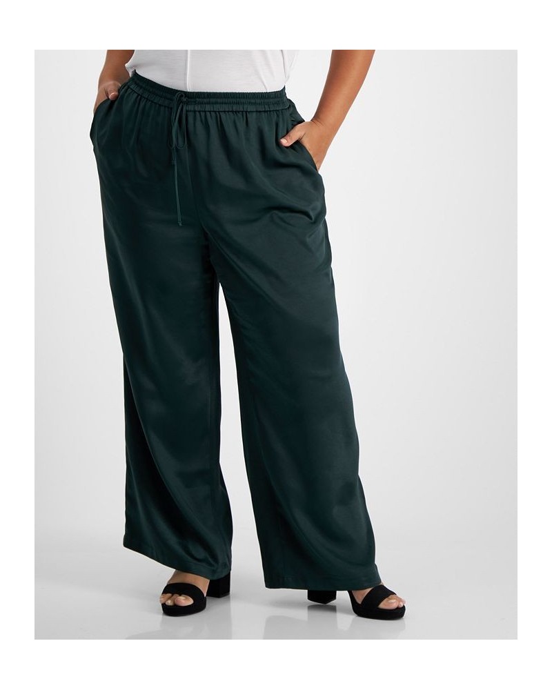 Plus Size Washed Satin Pull-On Wide-Leg Pants Green $29.98 Pants