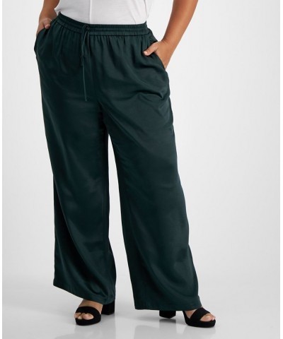 Plus Size Washed Satin Pull-On Wide-Leg Pants Green $29.98 Pants