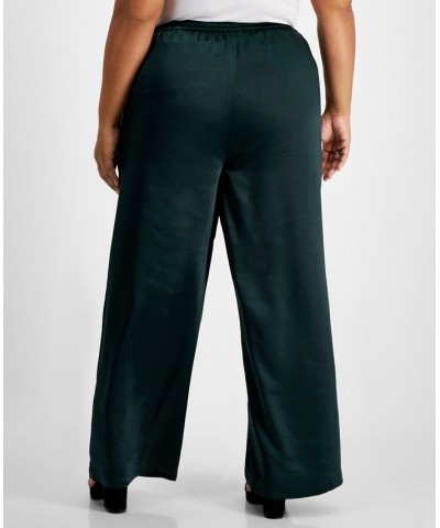 Plus Size Washed Satin Pull-On Wide-Leg Pants Green $29.98 Pants