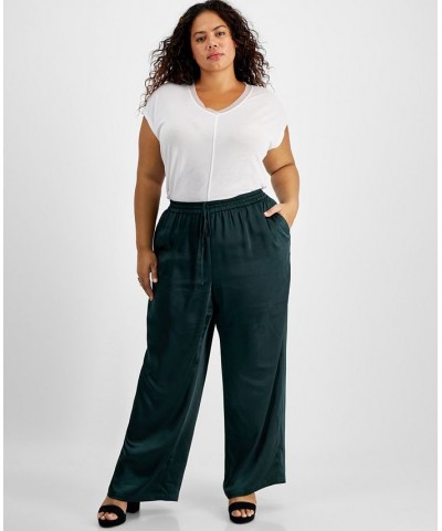 Plus Size Washed Satin Pull-On Wide-Leg Pants Green $29.98 Pants