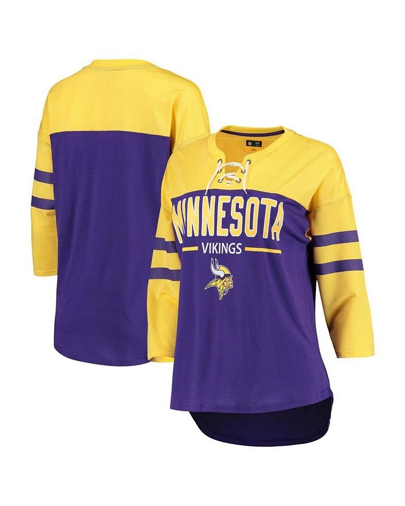 Women's Purple Gold-Tone Minnesota Vikings Double Wing Lace-Up 3/4 Sleeve T-shirt Purple $28.04 Tops