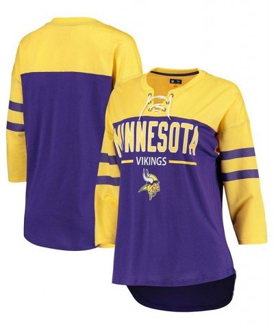 Women's Purple Gold-Tone Minnesota Vikings Double Wing Lace-Up 3/4 Sleeve T-shirt Purple $28.04 Tops