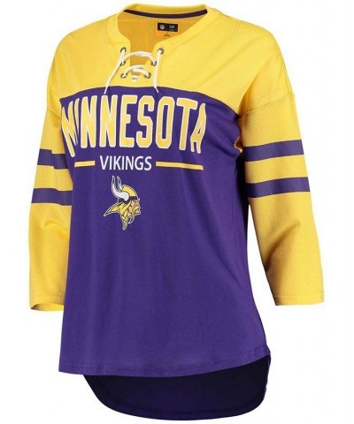 Women's Purple Gold-Tone Minnesota Vikings Double Wing Lace-Up 3/4 Sleeve T-shirt Purple $28.04 Tops