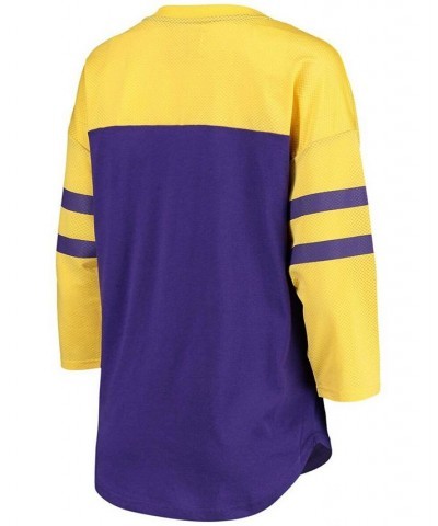 Women's Purple Gold-Tone Minnesota Vikings Double Wing Lace-Up 3/4 Sleeve T-shirt Purple $28.04 Tops