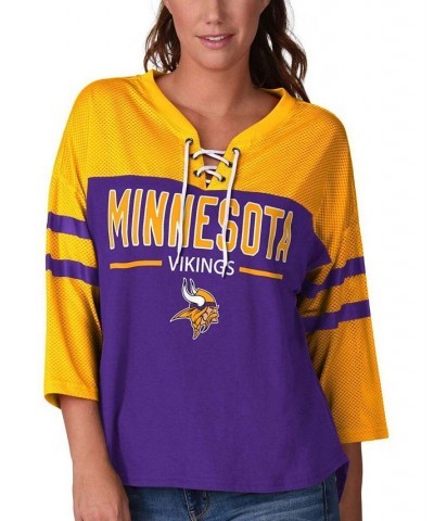 Women's Purple Gold-Tone Minnesota Vikings Double Wing Lace-Up 3/4 Sleeve T-shirt Purple $28.04 Tops