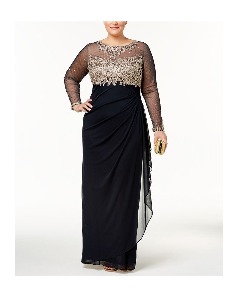 Plus Size Embroidered Illusion Gown Navy/Gold $103.23 Dresses