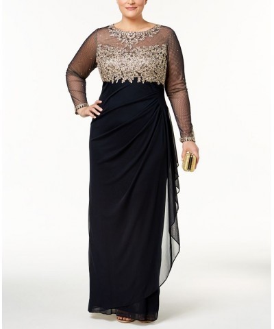 Plus Size Embroidered Illusion Gown Navy/Gold $103.23 Dresses