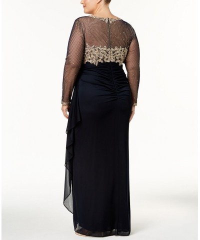 Plus Size Embroidered Illusion Gown Navy/Gold $103.23 Dresses