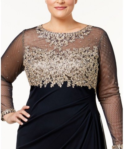 Plus Size Embroidered Illusion Gown Navy/Gold $103.23 Dresses