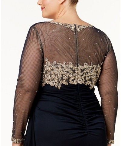 Plus Size Embroidered Illusion Gown Navy/Gold $103.23 Dresses