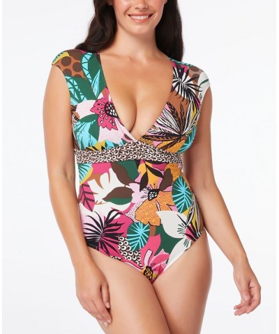 Printed Cap-Sleeve One-Piece Swimsuit Multi $49.02 Swimsuits