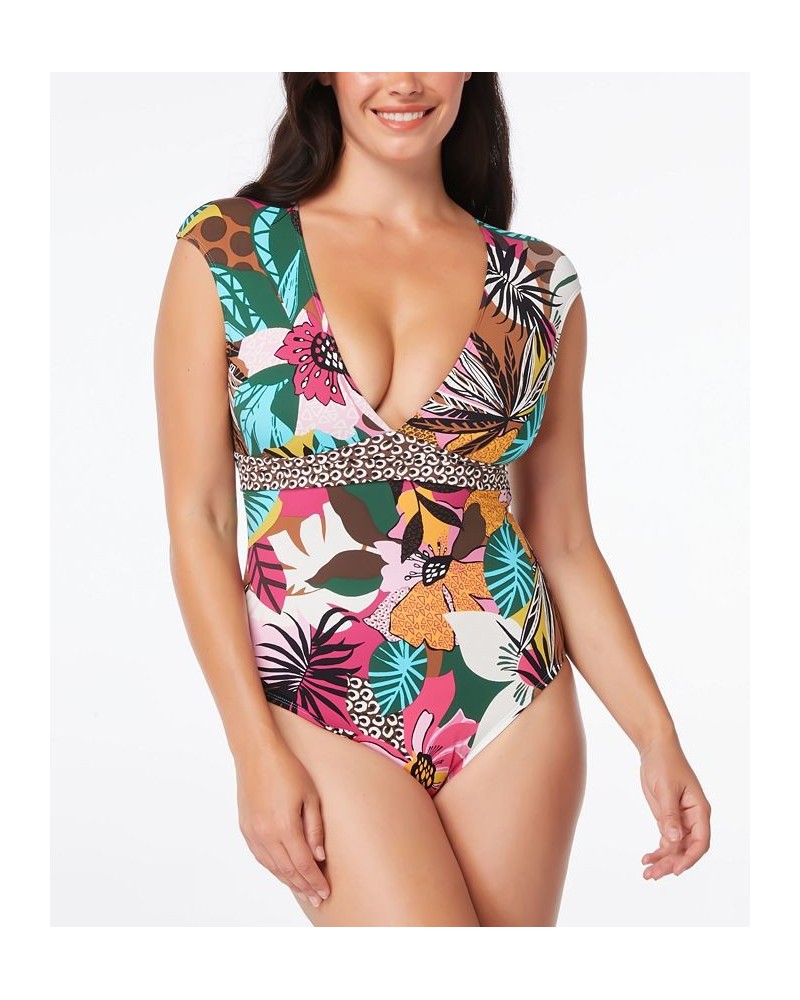 Printed Cap-Sleeve One-Piece Swimsuit Multi $49.02 Swimsuits