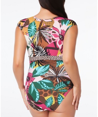 Printed Cap-Sleeve One-Piece Swimsuit Multi $49.02 Swimsuits