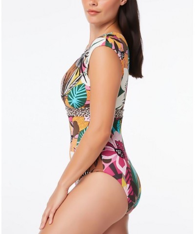 Printed Cap-Sleeve One-Piece Swimsuit Multi $49.02 Swimsuits