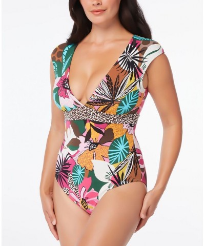 Printed Cap-Sleeve One-Piece Swimsuit Multi $49.02 Swimsuits