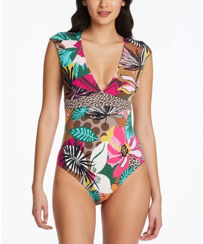 Printed Cap-Sleeve One-Piece Swimsuit Multi $49.02 Swimsuits