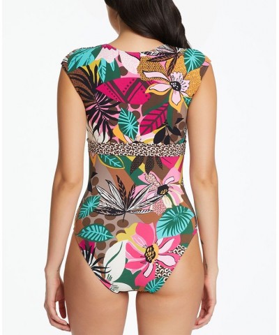 Printed Cap-Sleeve One-Piece Swimsuit Multi $49.02 Swimsuits