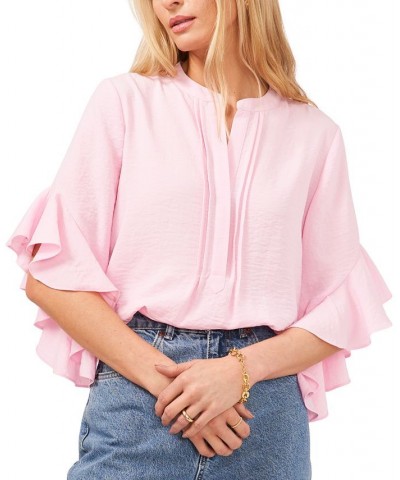 Women's Ruffle Sleeve Henley Blouse Pink Horizon $40.05 Tops