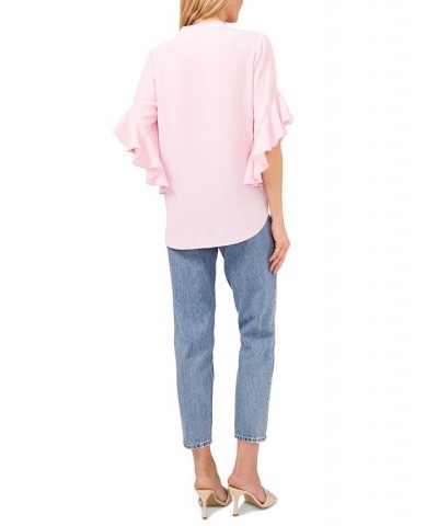 Women's Ruffle Sleeve Henley Blouse Pink Horizon $40.05 Tops