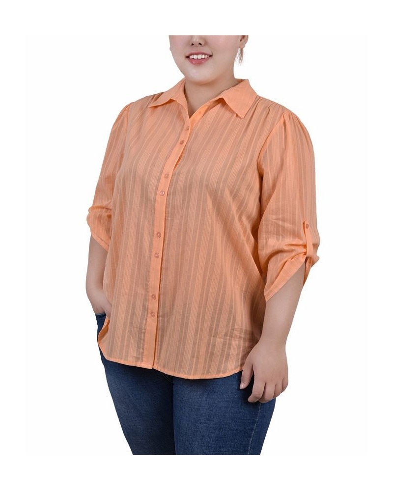 Plus Size 3/4 Roll Tab Sleeve Cotton Blouse Orange $11.68 Tops