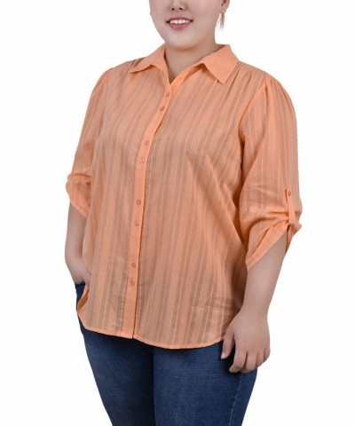 Plus Size 3/4 Roll Tab Sleeve Cotton Blouse Orange $11.68 Tops