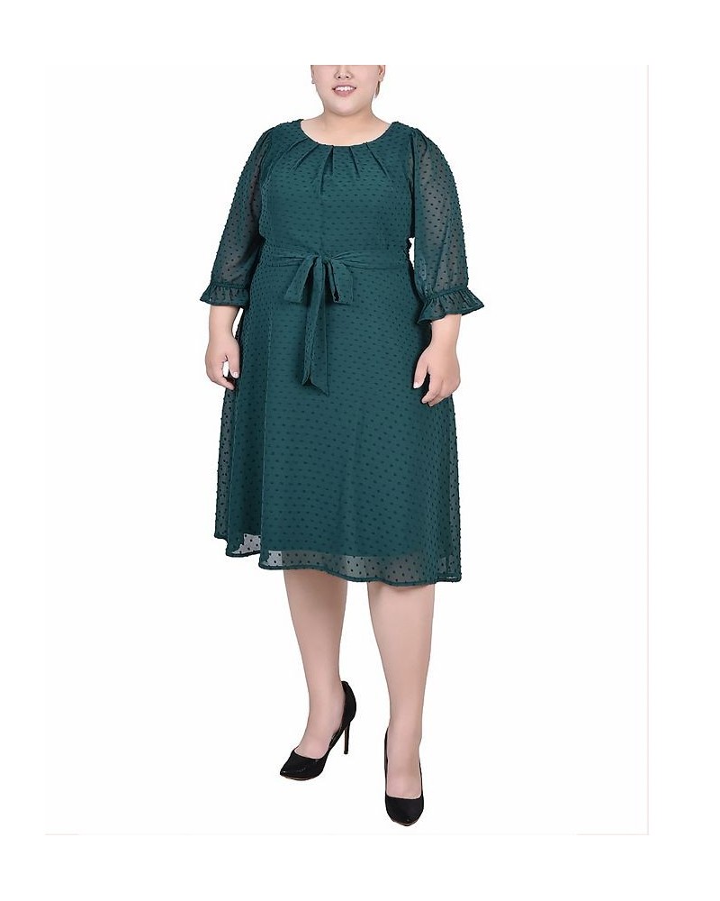 Plus Size 3/4 Sleeve Belted Swiss Dot Dress Green $17.75 Dresses