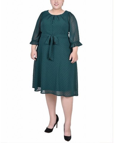 Plus Size 3/4 Sleeve Belted Swiss Dot Dress Green $17.75 Dresses