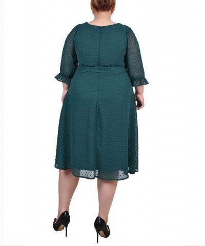 Plus Size 3/4 Sleeve Belted Swiss Dot Dress Green $17.75 Dresses