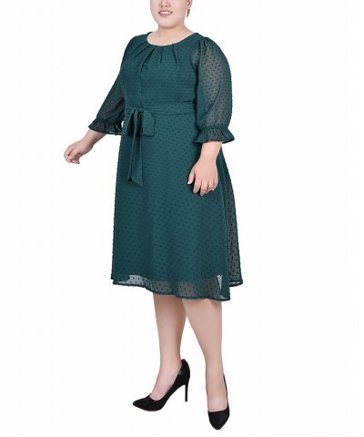 Plus Size 3/4 Sleeve Belted Swiss Dot Dress Green $17.75 Dresses