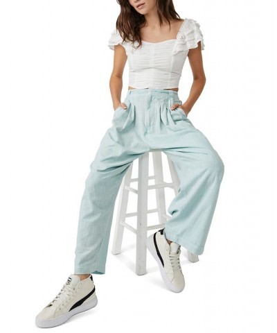 Women's Lotta Love Cotton High-Rise Trousers Blue $41.40 Pants