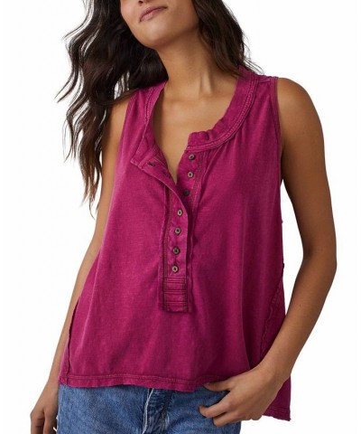 Women's Josie Cotton Buttoned Henley Tank Red $35.36 Tops