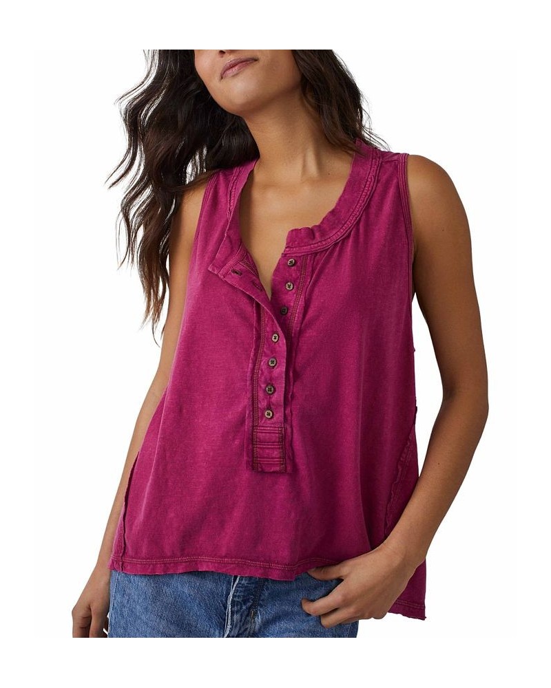 Women's Josie Cotton Buttoned Henley Tank Red $35.36 Tops