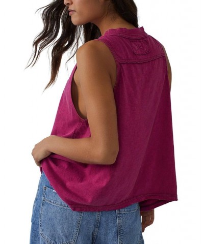 Women's Josie Cotton Buttoned Henley Tank Red $35.36 Tops