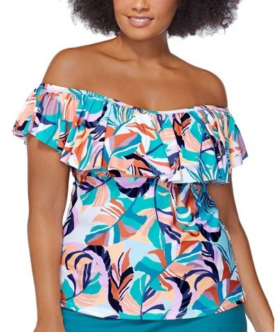 Plus Size Printed Korakia Tortuga Off-The-Shoulder Removable-Strap Tankini Swim Top Teal $32.76 Swimsuits