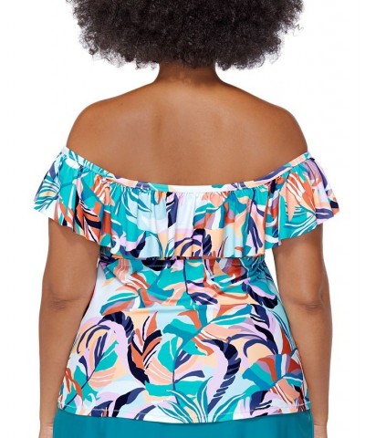 Plus Size Printed Korakia Tortuga Off-The-Shoulder Removable-Strap Tankini Swim Top Teal $32.76 Swimsuits