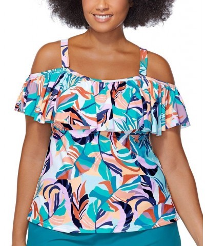 Plus Size Printed Korakia Tortuga Off-The-Shoulder Removable-Strap Tankini Swim Top Teal $32.76 Swimsuits